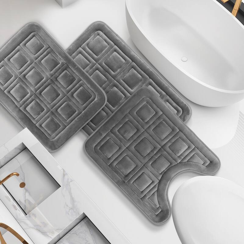 Clara Clark Ultra Soft Non Slip and Absorbent Bath Rug - Waffled Velvet Memory Foam Bath Mat - Small-Large-Contour (3PK) - Charcoal Stone Gray