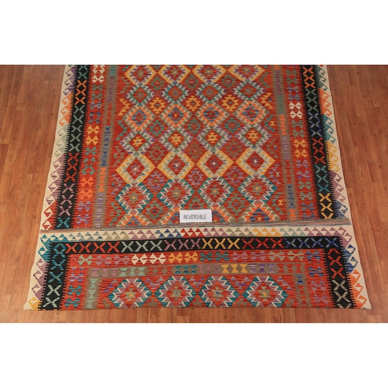 South Western Style Kilim Oriental Rug Hand-Woven Orange Wool Carpet - 8'0"x 11'4"