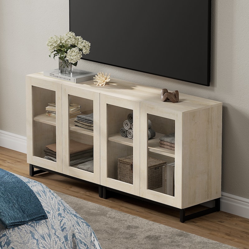 WAMPAT Modern TV Stand with Glass Doors for 110 inch TVs, Entertainment Center Console with Adjustable Shelves and Metal Base