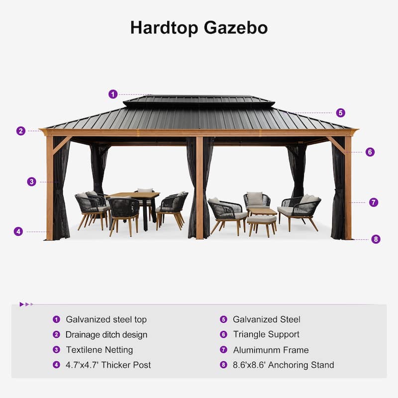 PURPLE LEAF Hardtop Gazebo Galvanized Steel Roof Gazebo Pergola w Wooden Coated Alumninum Frame and Mosquito Net