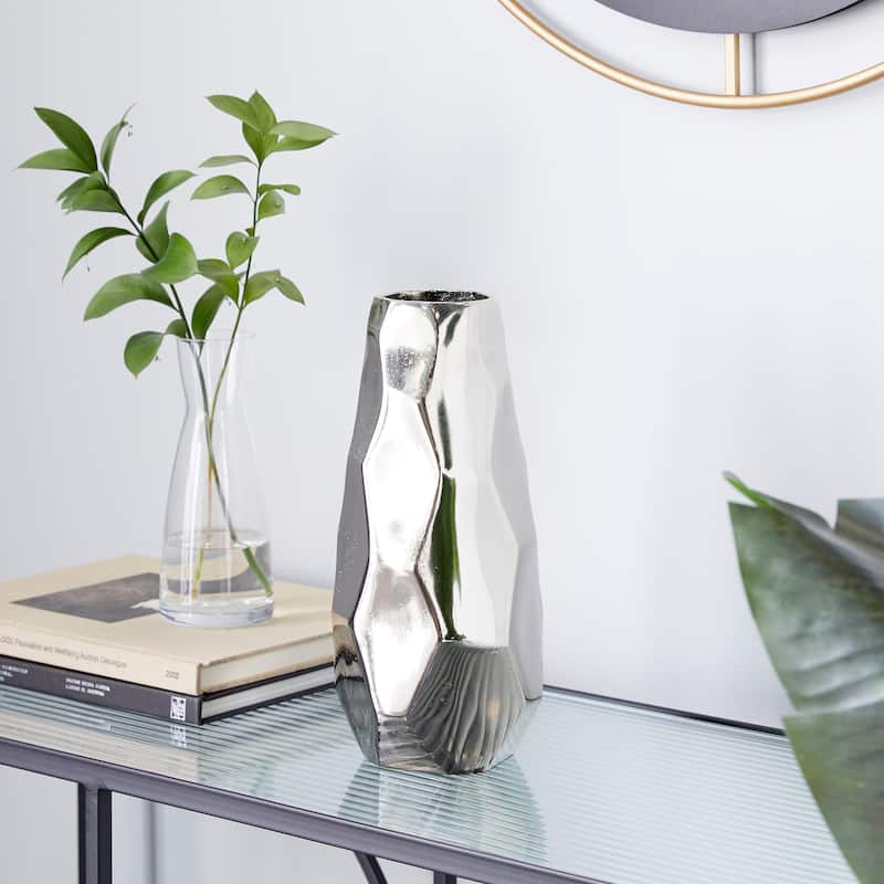 Silver Aluminum Metal Geometric Decorative Vase - 6 x 5 x 12