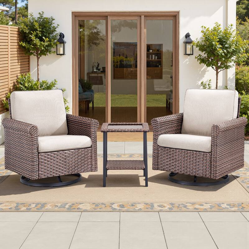 Pocassy Outdoor Sofa Swivel Chairs Patio Chair Funiture Set - 3PCS Swivel Chairs w/ Table - Brown Wicker Blue Cushion