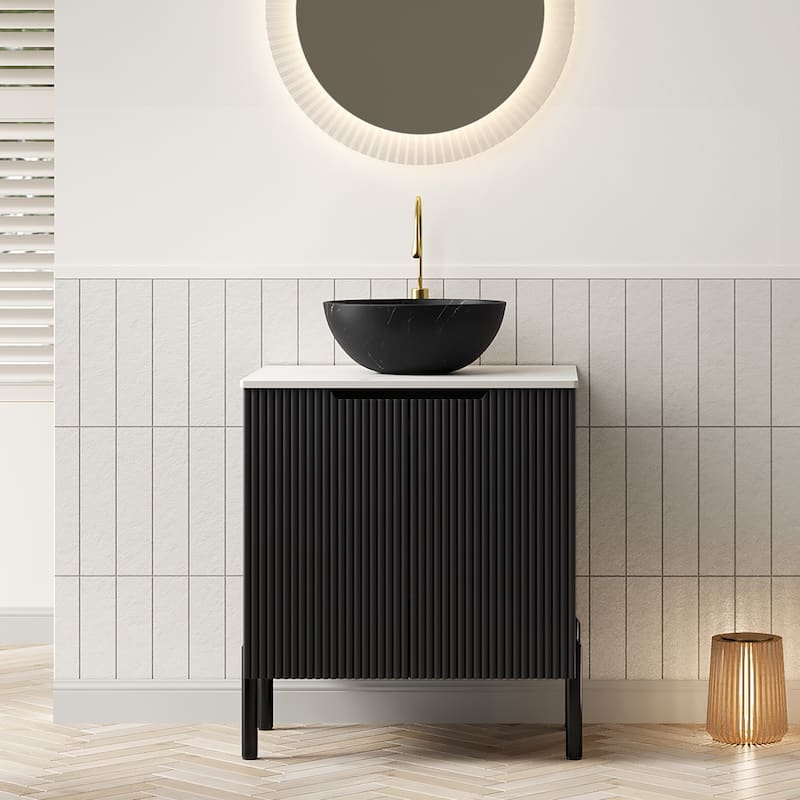 24" Bathroom Vanity with Sink, Freestanding Bathroom Storage Cabinet with 2 Doors, Black Bowl Ceramic Basin with Stone Pattern - Black White