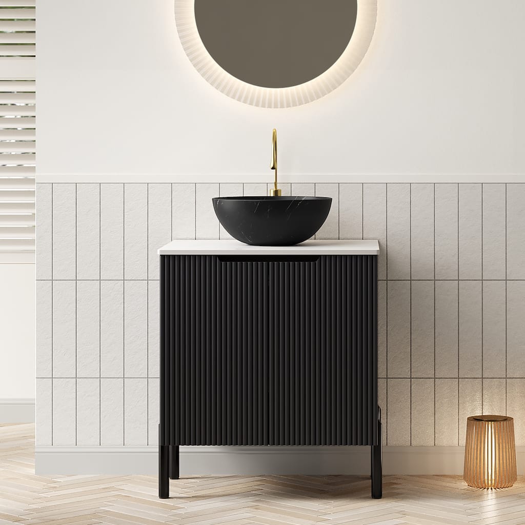 24" Bathroom Vanity with Sink, Freestanding Bathroom Storage Cabinet with 2 Doors, Black Bowl Ceramic Basin with Stone Pattern