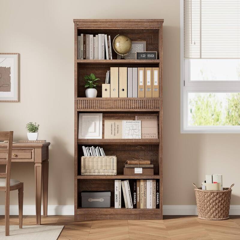 71 Inch Fluted Design Farmhouse Bookcase with Display Rack - N/A
