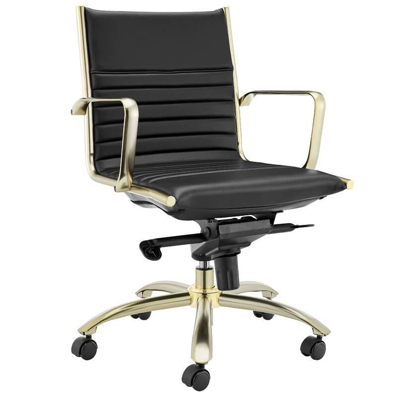 Black and Gold Steel and Faux Leather Adjustable Swivel Rolling Conference Office Chair - 23.43' X '38' X '22.05