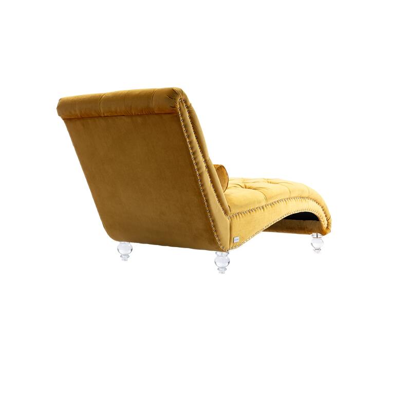Velvet Tufted Chaise Lounge Chair Ergonomic S Shape Recliner with Pillow, Nailhead Trim and Acrylic Legs for Indoor Use