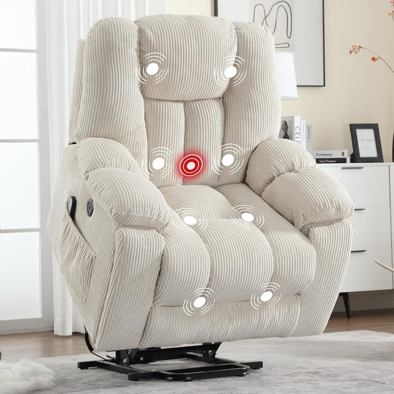 Oversized Power Assist Lift Recliner Chair With Massage and Heating with 2 Concealed Cup Holders for Elderly - White