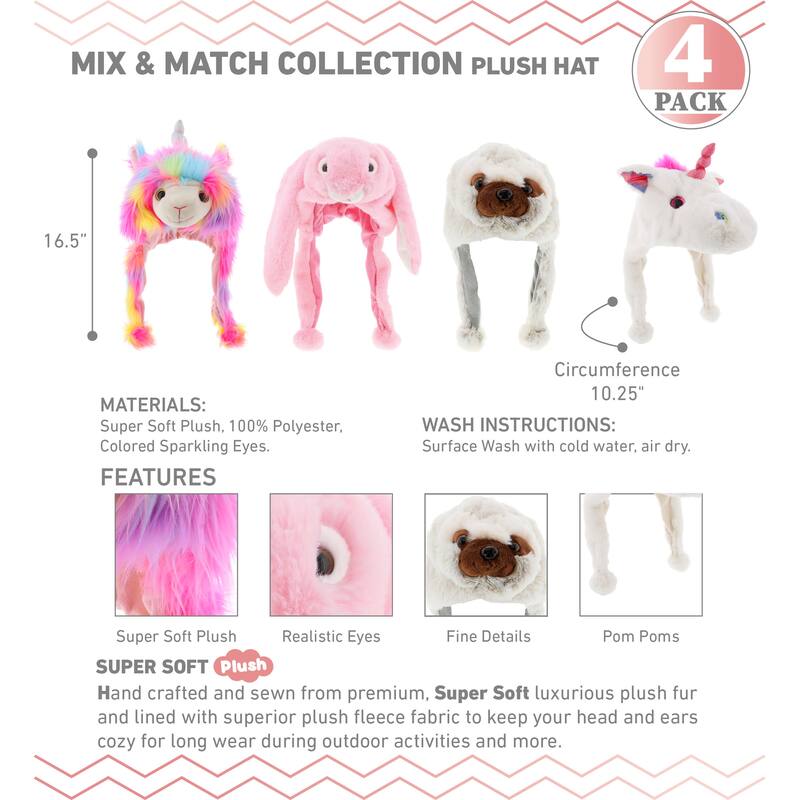 DolliBu Mix and Match Animal Plush Hat with Ear Flaps - Set of 4 - One Size