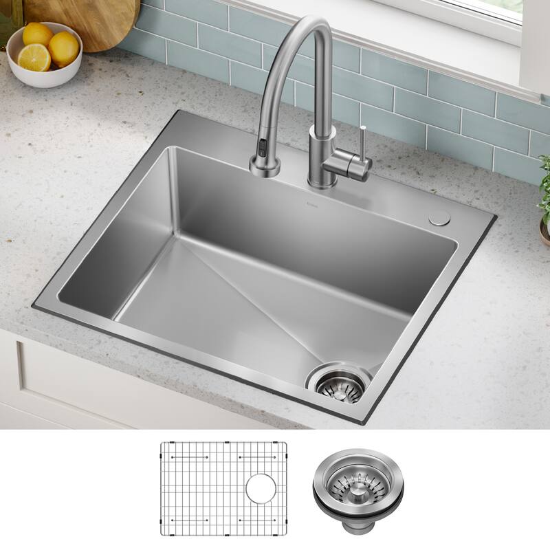 KRAUS Fairlane Drop In Top Mount 18 Gauge Stainless Steel Kitchen Sink - 25" x 22" Single Bowl