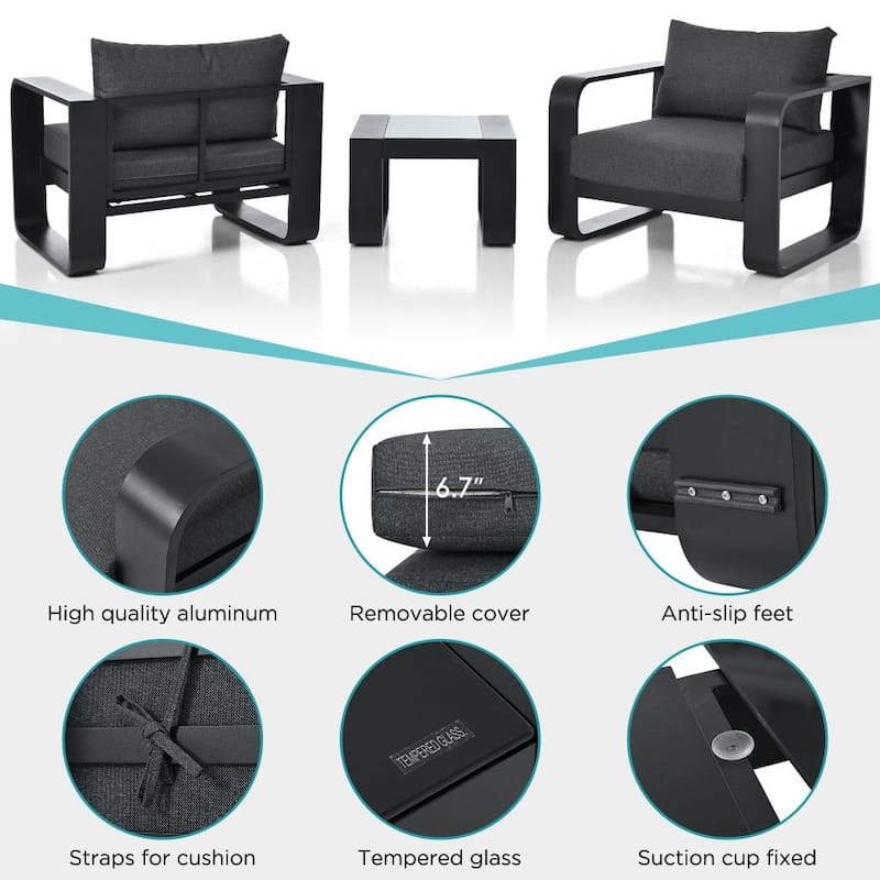 3-Pieces Aluminum Frame Patio Furniture With 6.7" Thick Cushion And Coffee Table，Olefin Fabric Outdoor Chair
