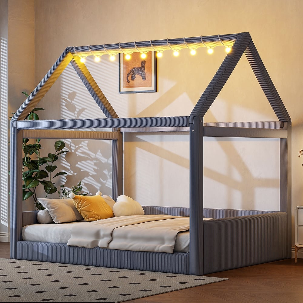 Full-Size Upholstered House Daybed with LED Light Strips by Harper&Bright Designs