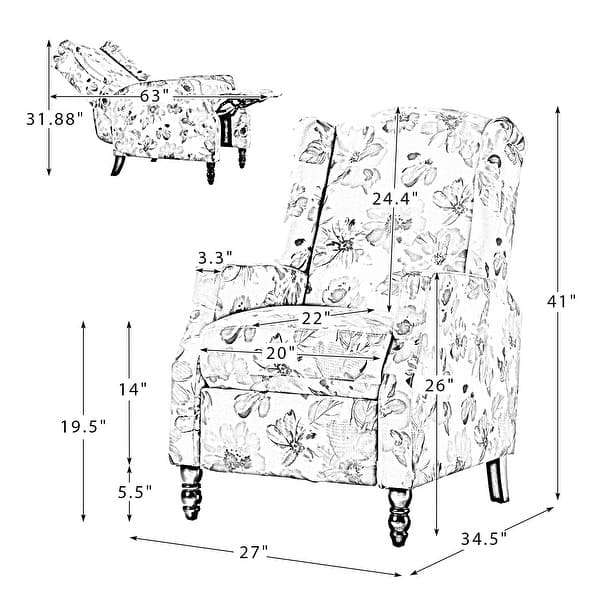 dimension image slide 0 of 10, HULALA HOME Damaris Mid-Century Modern Manual Pushback Recliner with Wingback Design Set of 2