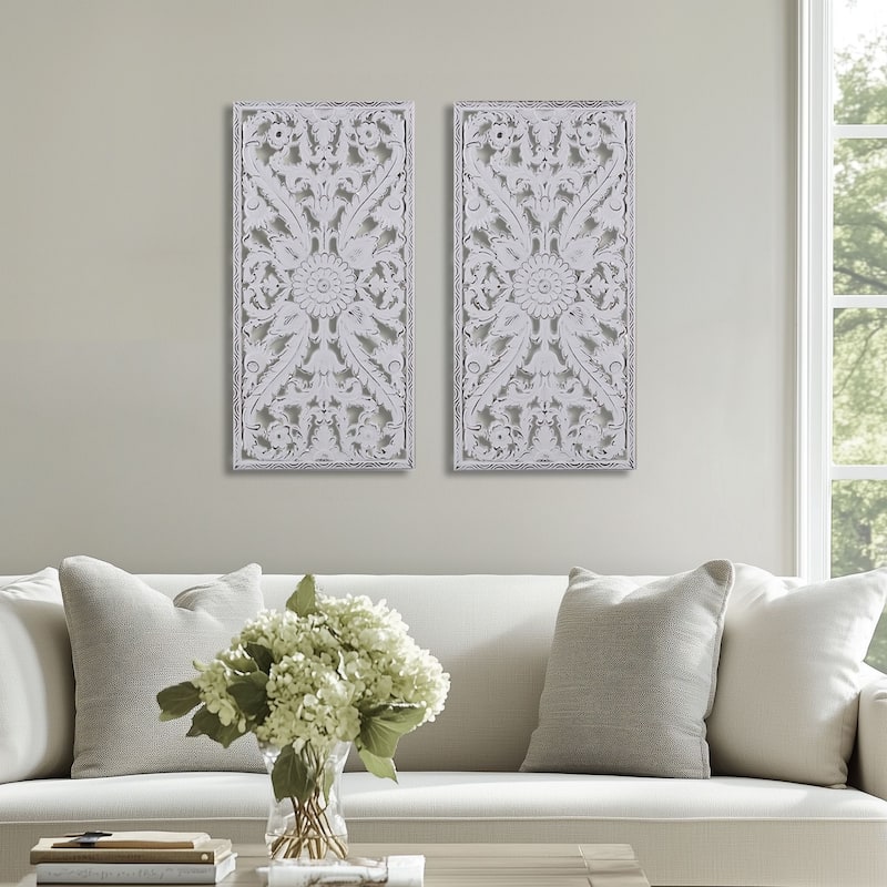Madison Park Botanical Distressed Carved Wood Wall Decor (Set of 2)