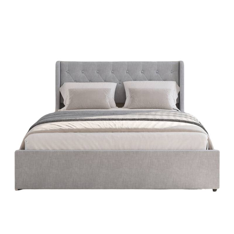 Full/Queen Size Bed Frame with 4 Storage Drawers, Wingback Headboard - Light Gray - Queen