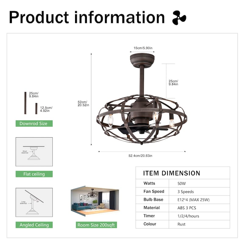 18 inch Low Profile Small Caged Ceiling Fan with Remote Control, 6 Speed Industrial Ceiling Fan Light Kit