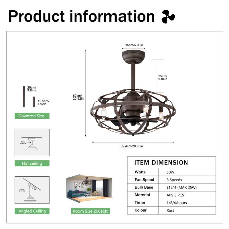 Best sells Modern Enclosed Ceiling Fan Indoor with Remote Control and Bladeless Rust Red Industrial Ceiling Fan Light Kit