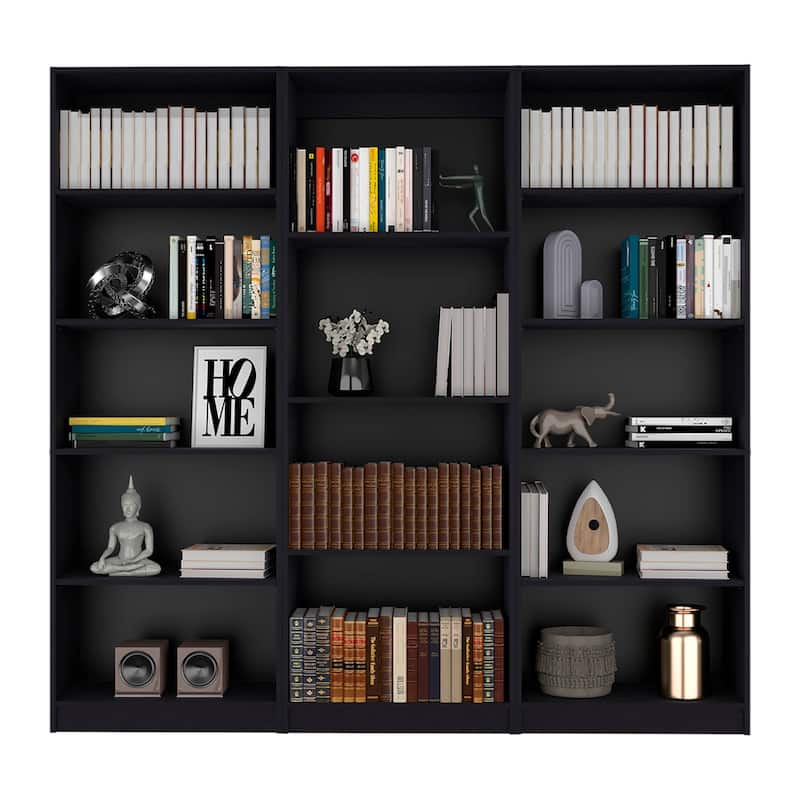 FM FURNITURE Arrey 3 Piece Living Room Set with Sutton Bookcase + 2 Sutton 4 Shelves Bookcase, Black