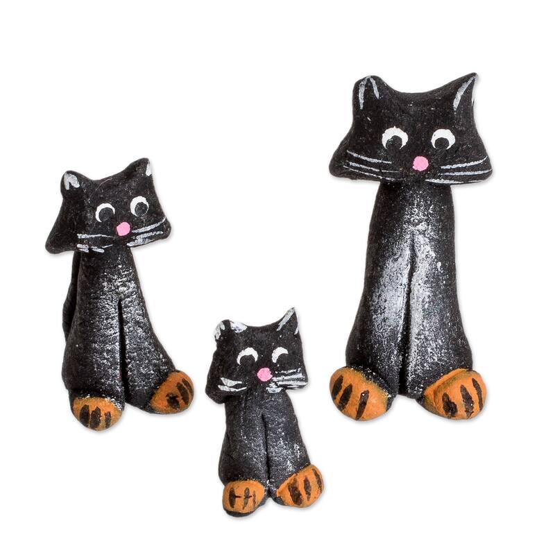 Novica Handmade Black Cat Family Ceramic Figurines (Set Of 3)