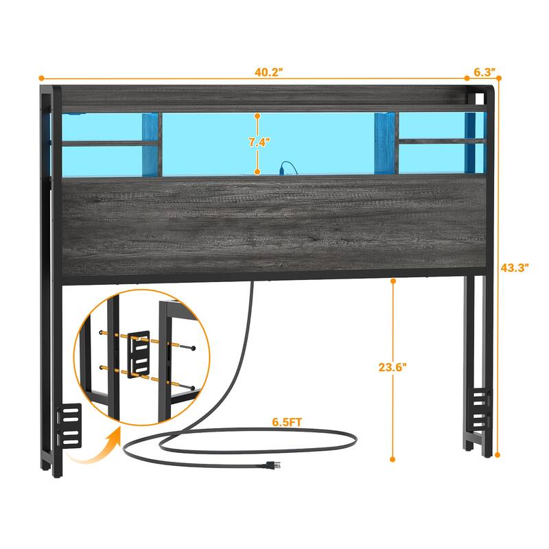 Storage Headboard with USB Port and Power Outlet, Head Board with LED Light for Bed Frame