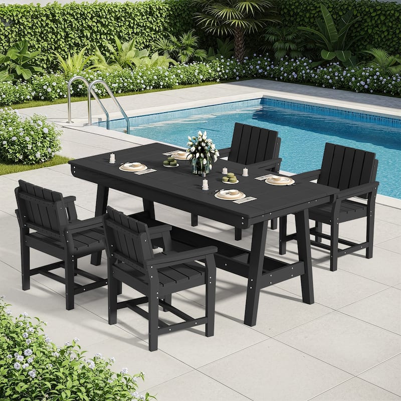 HDPE Patio Dining Set with Rectangular 67.91in L Table with Umbrella Hole and 4 Chairs - N/A - Black