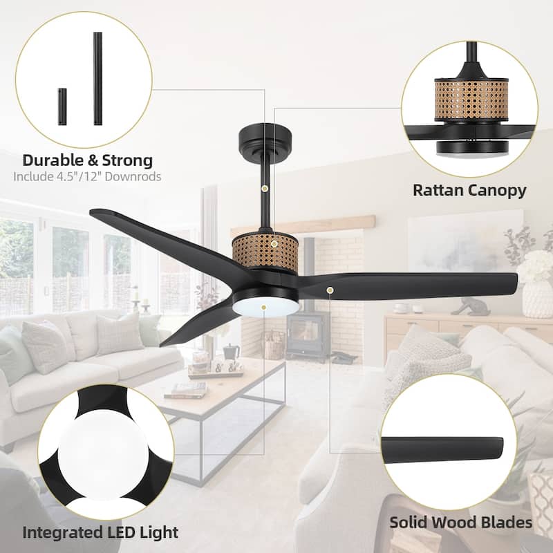 MLiAN 52 In. 3 Solid Wood Indoor Ceiling Fan with Light Kit - 52"
