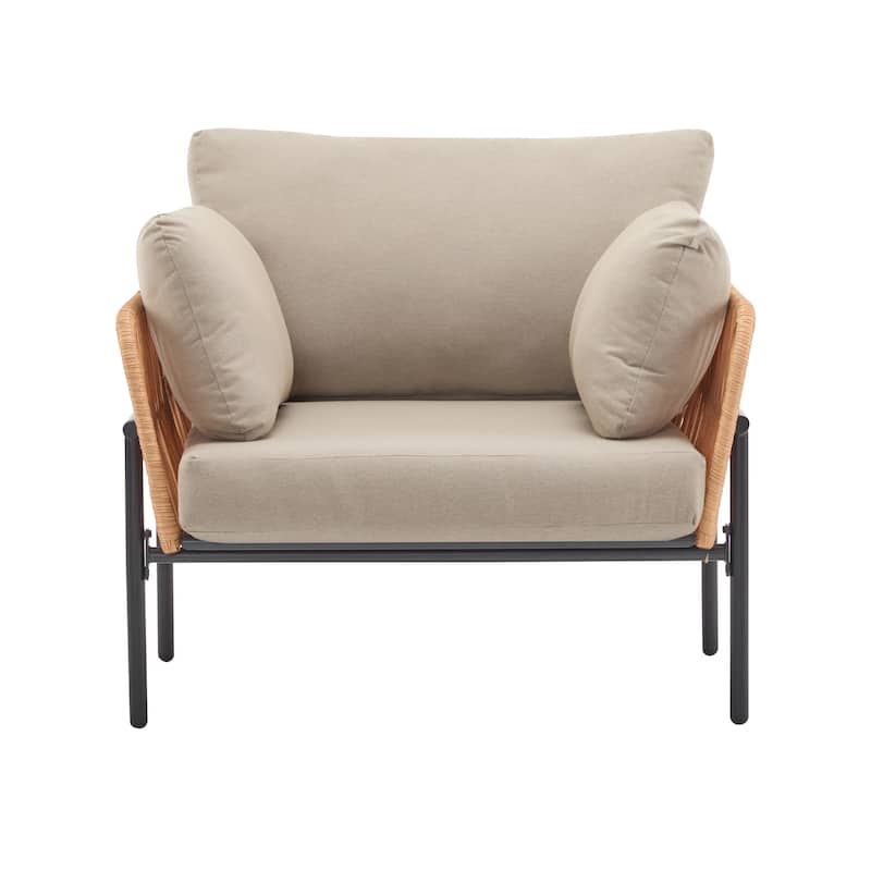 [Set of 2] 36" Beige Iron Lounge Chair with Rope Weave Design and Plush Cushions, Perfect for Indoor and Outdoor Relaxation
