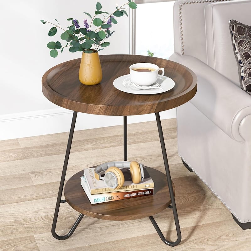 Round Side Table, Wooden End Table, 2-Tier Sofa Side Table with Metal Legs