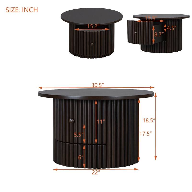 Round Coffee Table ,Farmhouse Coffee Table with a Drawer,Center Table with Vertical Slat Base in 30.5"