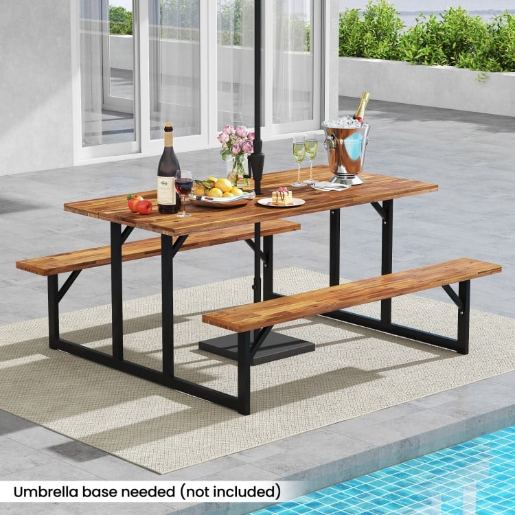 Brown and Black Acacia Wood Picnic Table 6 Person and Bench Set with Metal Frame - 63" x 61.5" x 29"