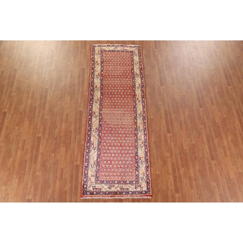 Hand Knotted Oriental 100% Wool Carpet Traditional All-Over Red Botemir Runner Rug - 10' 3'' X 3' 6''