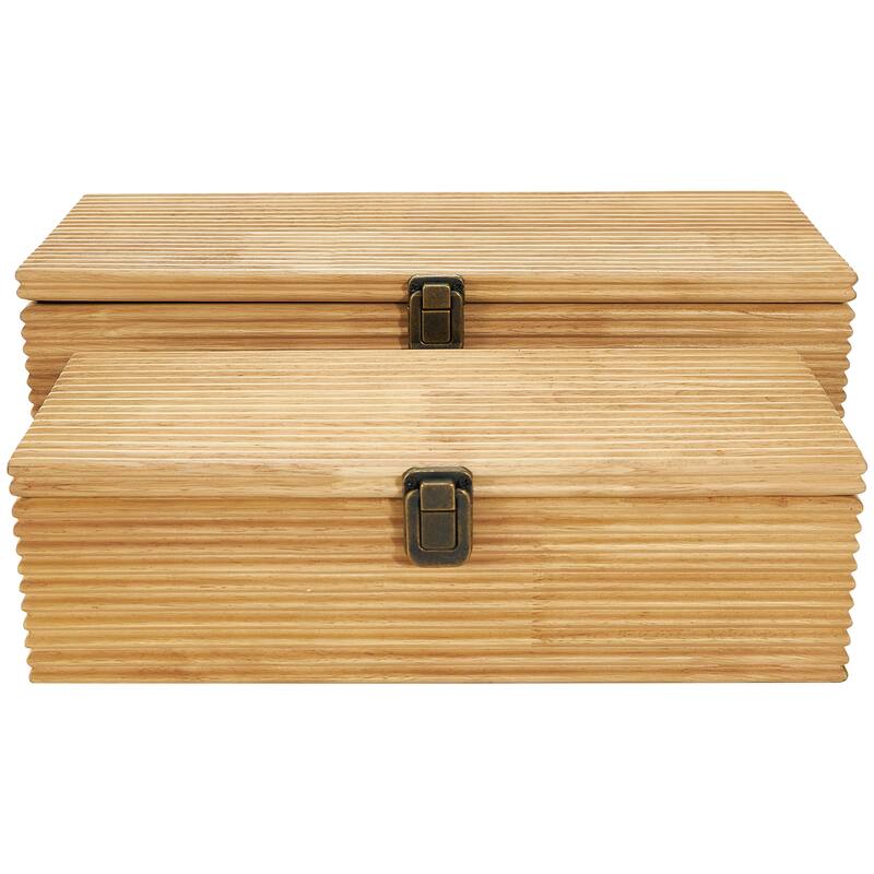 Light Brown Wood Carved Linear Box (Set of 2)