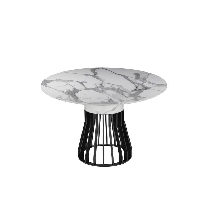 Jett 47 Inch Dining Table, White Round Marble Top, Metal Cage Frame Base