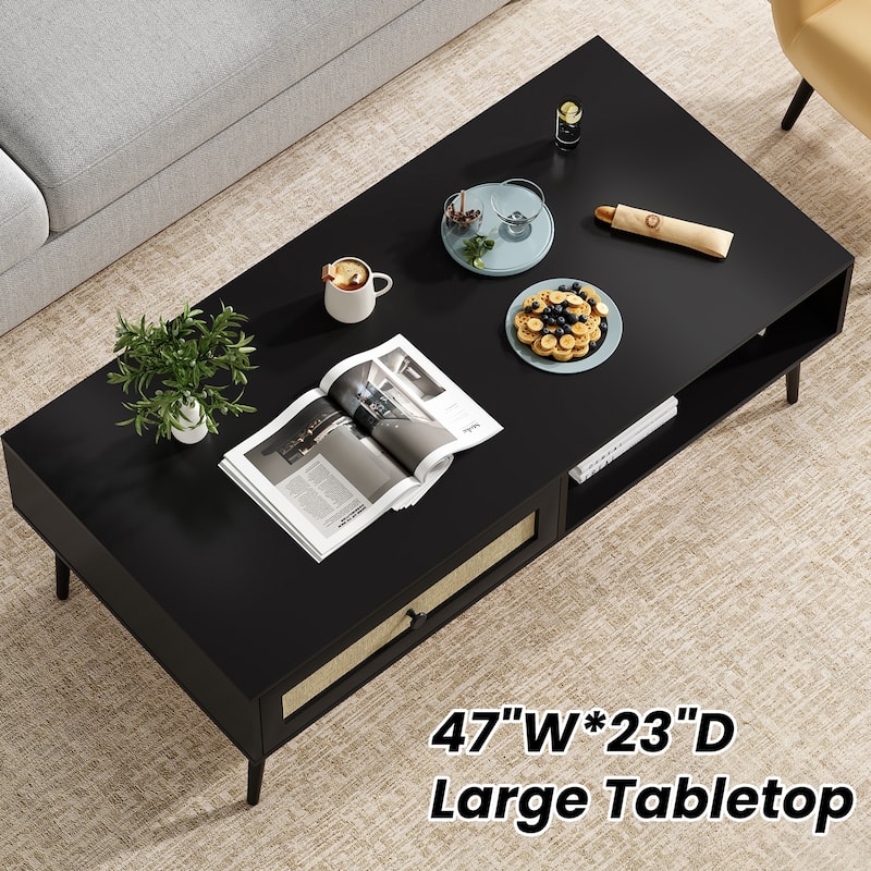Modern Coffee Table, 47 Inch Rectangle Console Table with Drawer & Shelf, Wooden Coffee Table for Living Room, Office
