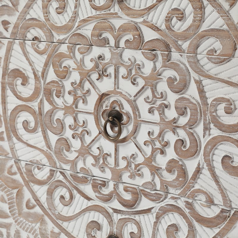 Rustic Natural and Whitewashed Wood Floral 3-Drawer Chest - 30.5" H x 28.5" W x 14.25" D