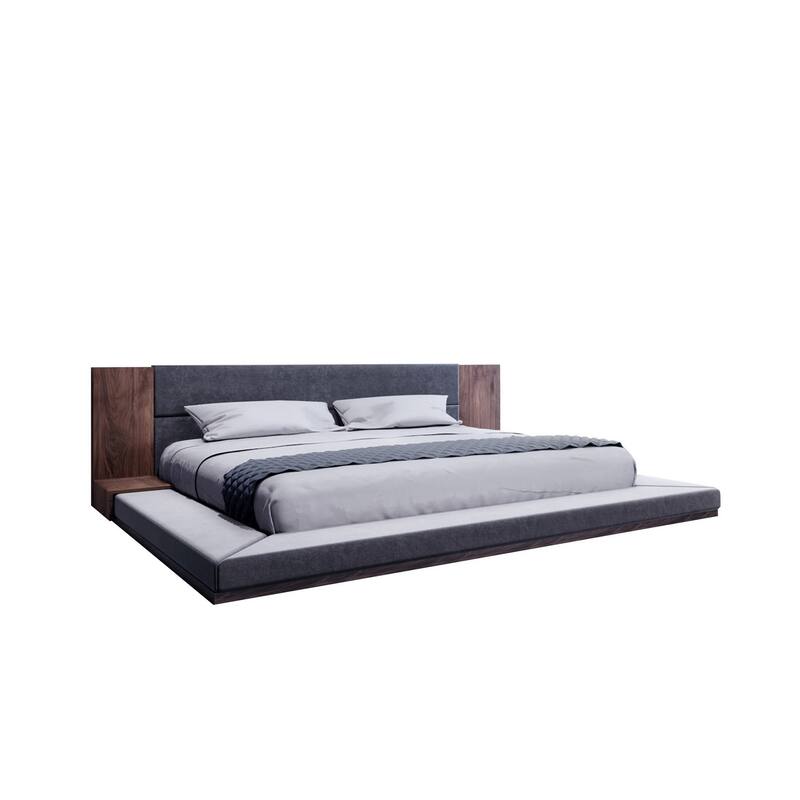 HomeRoots Gray and Walnut Wood And Upholstery Queen Bed Frame With Attached Nightstands