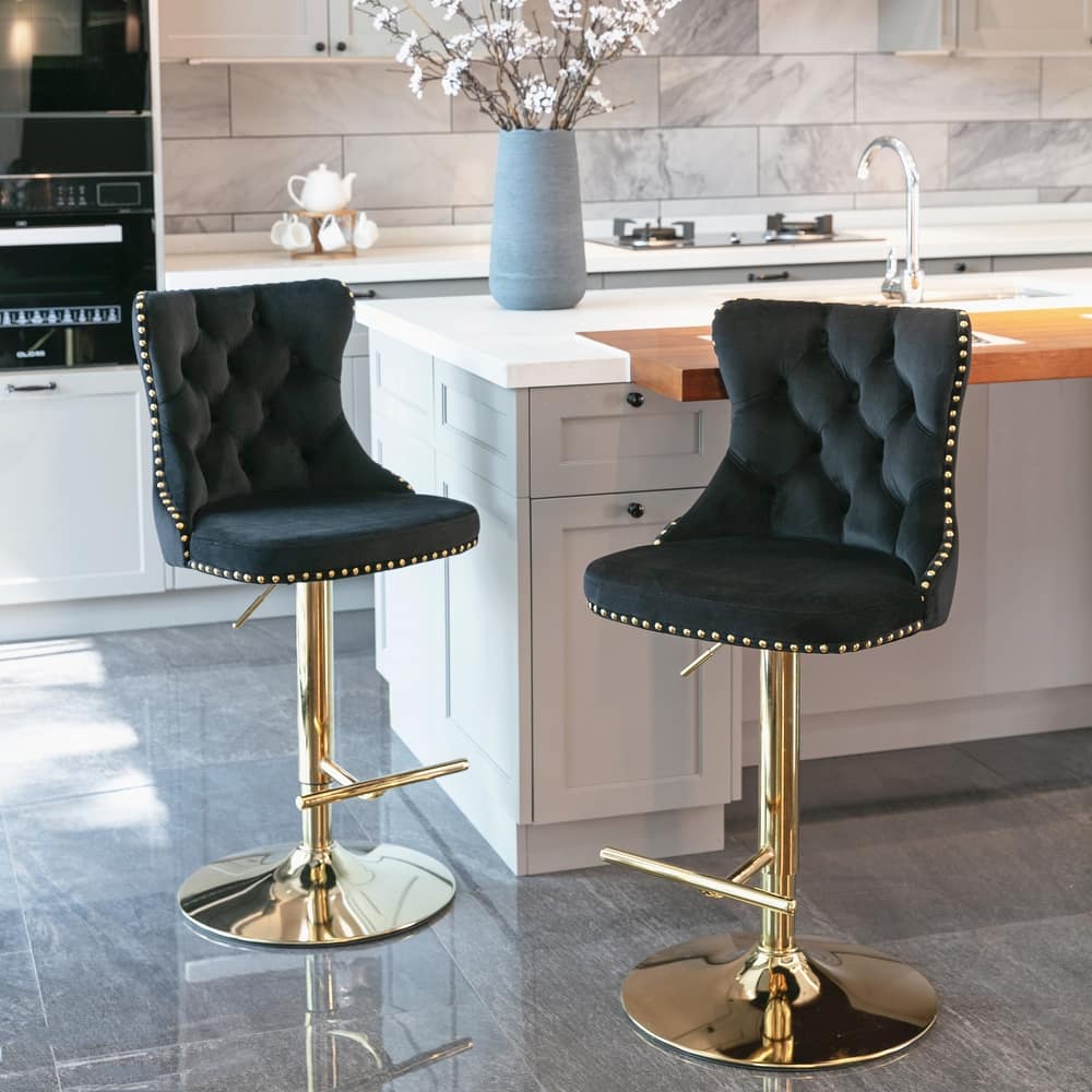 Set of 2 Swivel Velvet Tufted Adjusatble Seat Height Barstools.