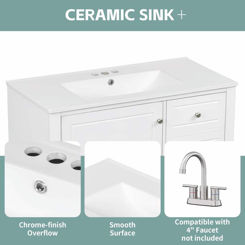 36" Bathroom Vanity with Ceramic Sink, MDF & Solid Wood Base, 3 Drawers and Cabinet with Shelves