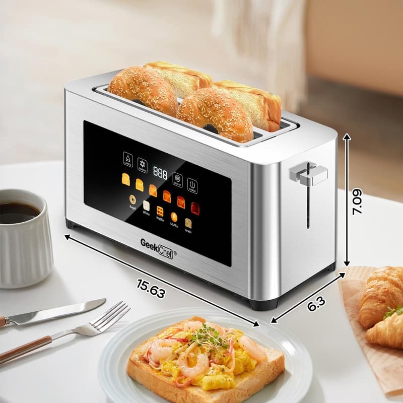 4-Slice Toaster with Extra-Wide Slots, Stainless Steel, LED Touch Panel, Auto Shut-Off, Anti-Jam, Easy Clean & Cord Storage