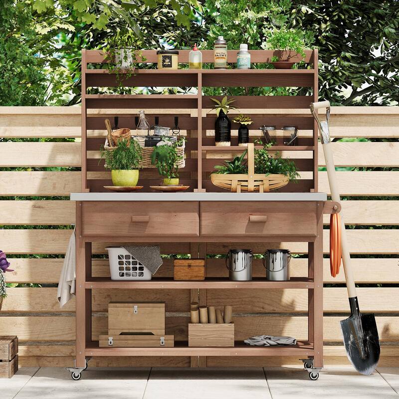 64.9"H Outdoor Potting Table with Lockable Wheels,Solid Wood Kitchen Island with Upper Hutch,Stainless Steel Top,Towel Rack