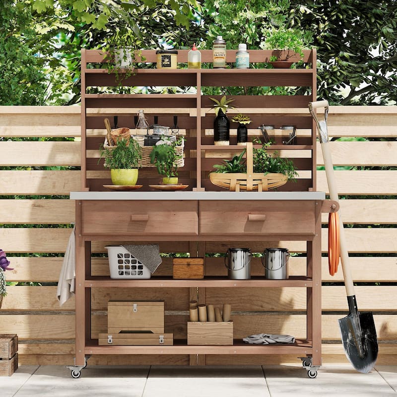 Outdoor Potting Bench Table with Lockable Wheels Solid Wood Kitchen Island and Stainless Steel Top - Brown