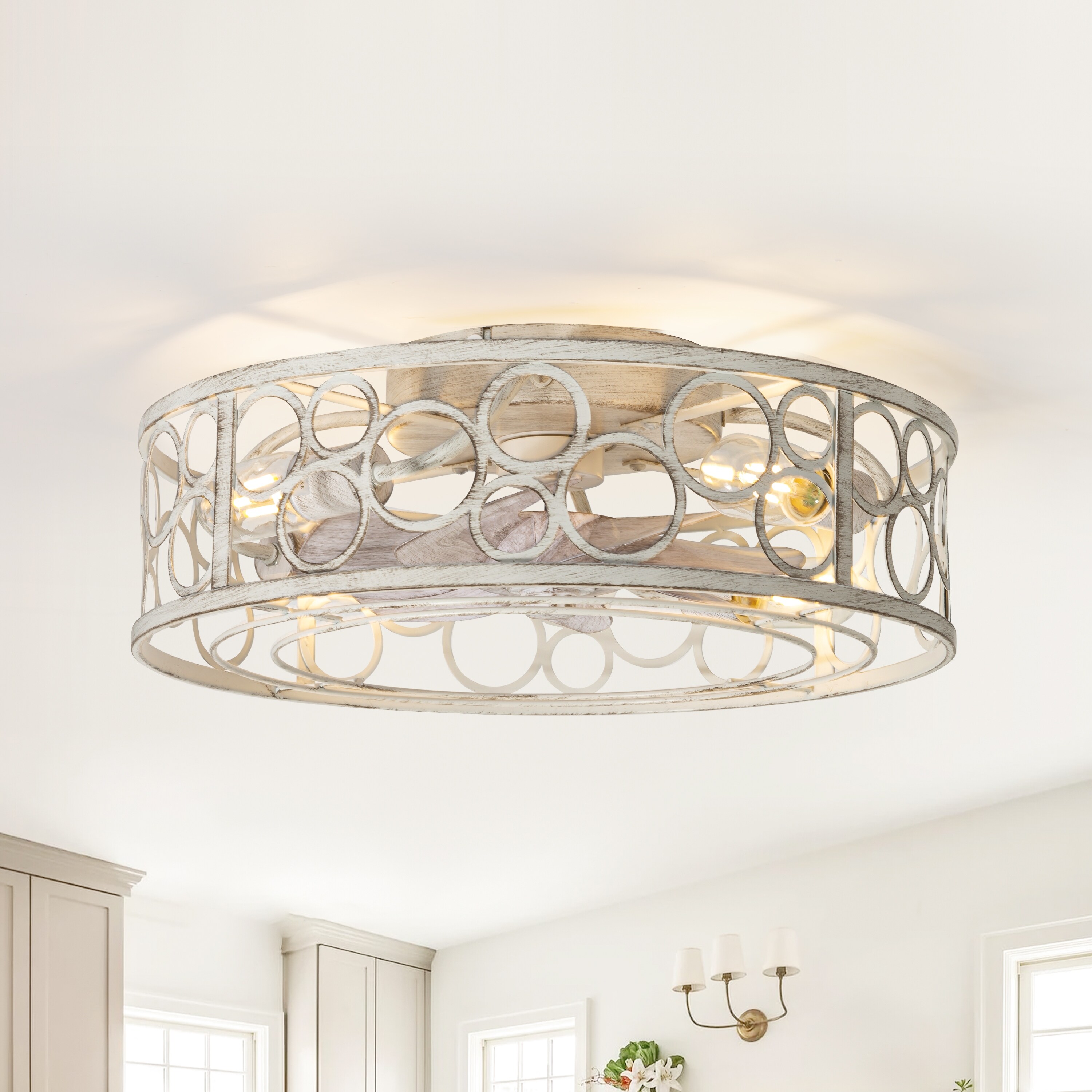 19 Inch 7-Blade Low Profile Chandelier Caged Ceiling Fan with Remote Light