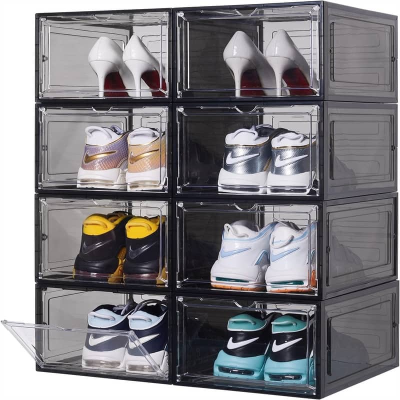 6 Pack Large Drop Front Shoe Boxes with Magnetic Door - Clear Black - 13.5"L x 10.5"W x 7.5"H