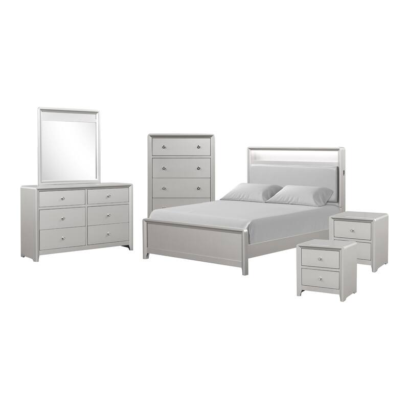 Furniture of America Milandra Modern 6-Piece Champagne Solid Wood Panel Bedroom Set with LED Light
