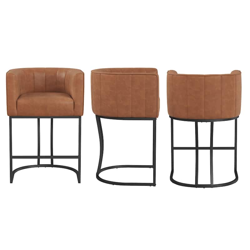 Modern 26.in Counter Height Stool Low Back Upholstered/PU Leather Barrel Bar Stool with Metal Frame