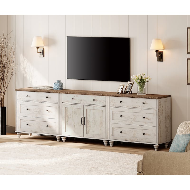 Farmhouse TV Stand with Doors and Drawer﻿ - 7 Drawers and 2 Doors - Rustic White