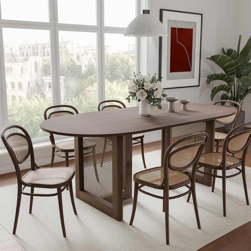 Modern Farmhouse Kitchen Dining Room Table Furniture Oval Kitchen Table with Rattan Woven Legs for Kitchen Bar Living Room