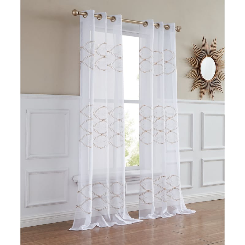 HomeRoots Set of Two 96" Gold and White SemiSheer Curtains - 96" x 76"