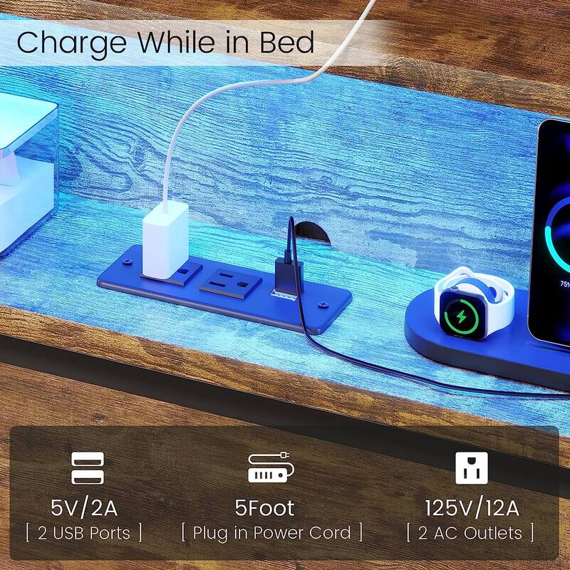 LED Queen Bed Frame with Storage Headboard