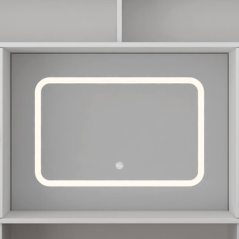 Vanity Desk with Control Lighting Mirror, 3 Lighting Color Adjustable, Dressing Table with Hair Dryer Holder, Drawer & Shelves